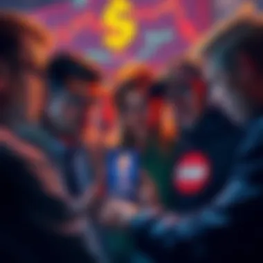 Concerns Over $TRUMP Cryptocurrency A group of worried people discussing investments in cryptocurrency, looking at charts showing losses, with one person holding a phone displaying the $TRUMP logo.