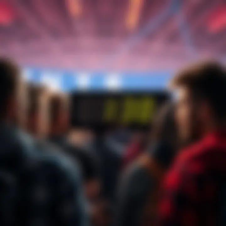 A group of people looking at a digital timer displaying a countdown for a 5-hour SRB event, showing expressions of confusion and curiosity.