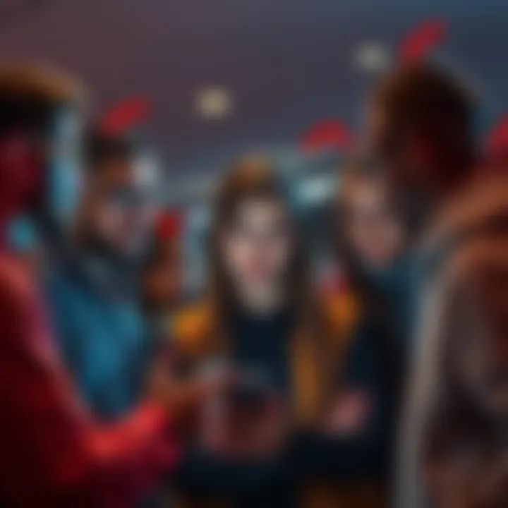 A group of people gathered around, looking puzzled while discussing a confusing message on a phone