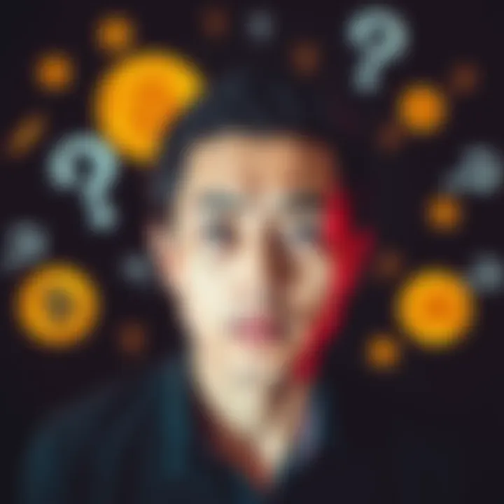 A person with a puzzled expression, surrounded by Bitcoin symbols and questions marks, indicating confusion about cryptocurrency.