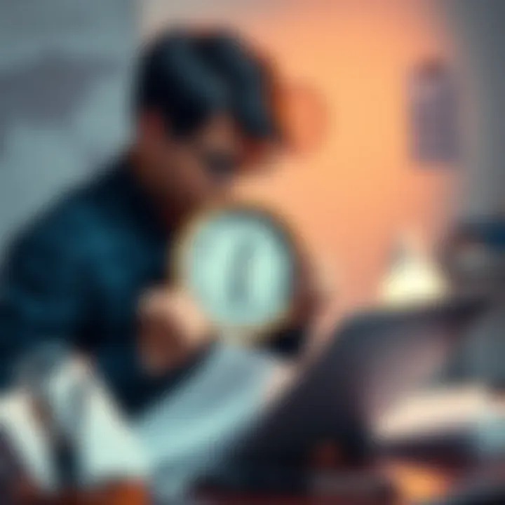 A frustrated person looking at a clock while holding a laptop and paperwork, surrounded by chaotic time logs