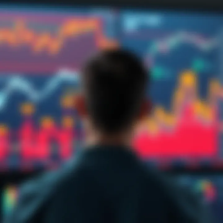 A person gazing at multiple confusing crypto charts on a screen, illustrating the complexity of the cryptocurrency market.
