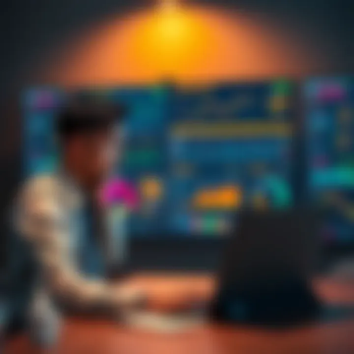 Confused person looking at DeFi charts A person sitting at a desk, looking puzzled while viewing complicated charts and interfaces related to DeFi on a laptop screen.