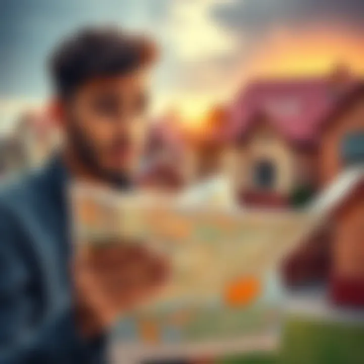 Individual looking at a property deed with a confused expression, holding a map in the other hand, surrounded by houses