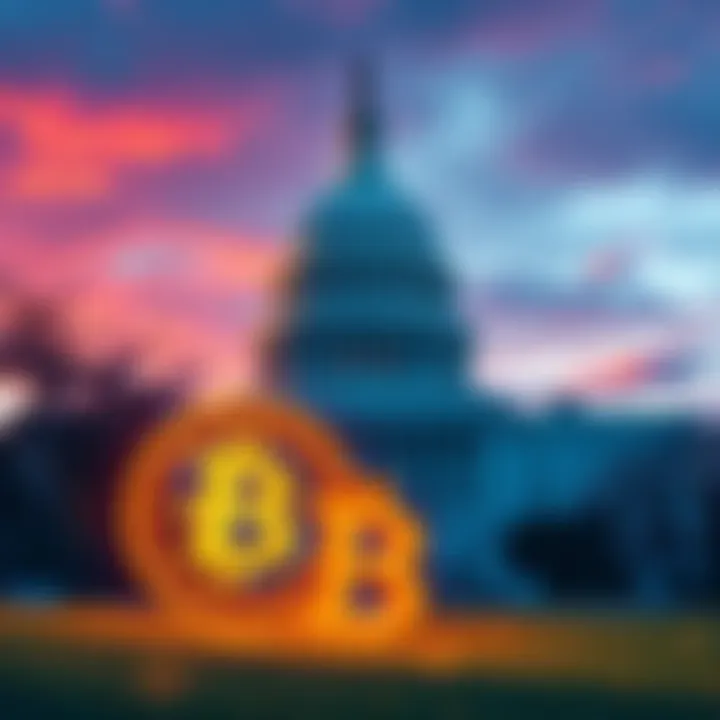 Illustration of Congress building with Bitcoin and stablecoin symbols in the foreground, representing new tax proposals.