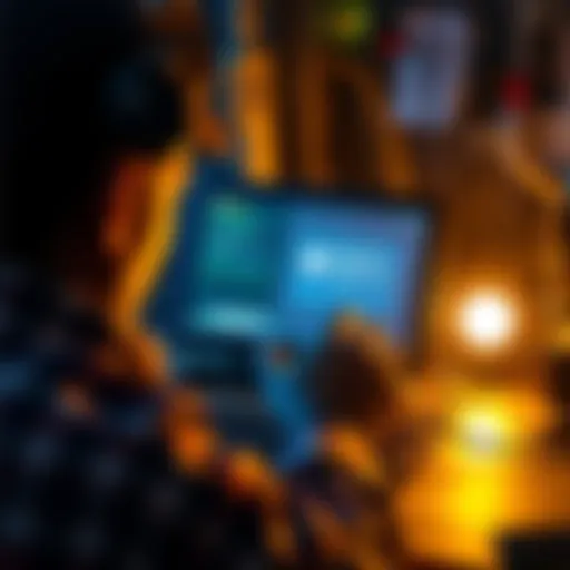 A person troubleshooting a device with error messages on the screen while surrounded by tech tools and cables.
