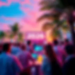 Group of experts discussing technology at Consensus2026 in Miami, surrounded by palm trees and a vibrant atmosphere.