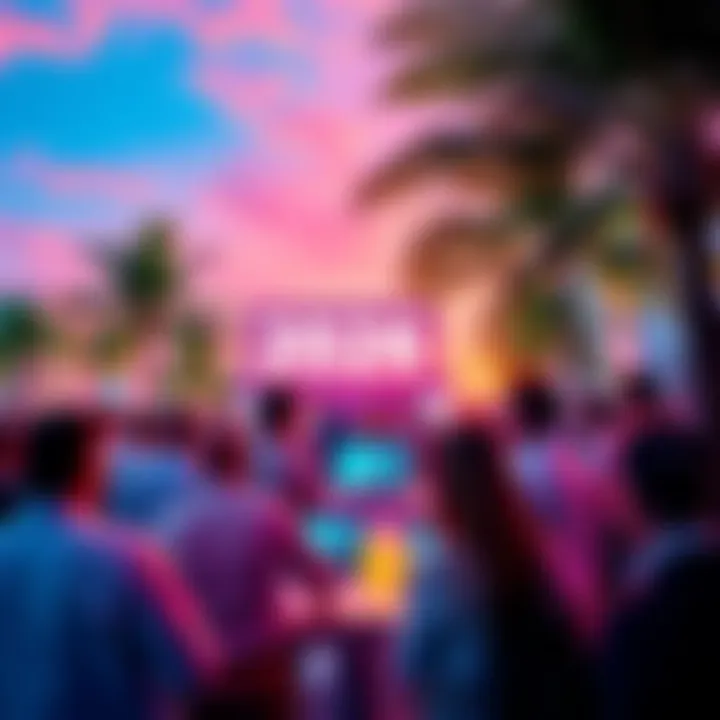Group of experts discussing technology at Consensus2026 in Miami, surrounded by palm trees and a vibrant atmosphere.