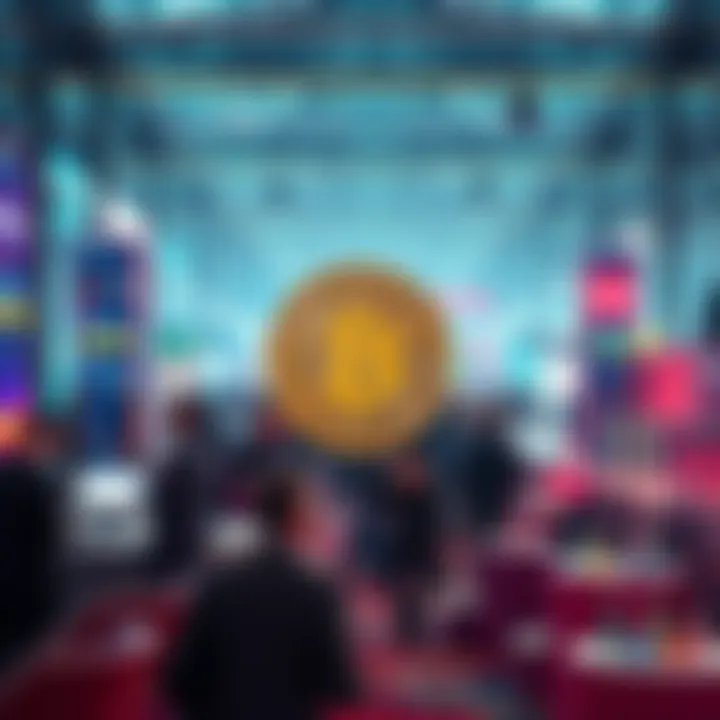 A vibrant scene from Consensus 2026 in Miami showcasing Bitcoin's price at $82k with a background of people engaging in discussions and technology displays