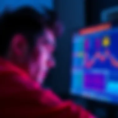 A worried person looking at a computer screen displaying cryptocurrency exchange data and security warnings