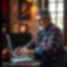 A conservative man in casual clothing, sitting in front of a laptop, typing a post with a thoughtful expression. Social media icons visible on the screen.