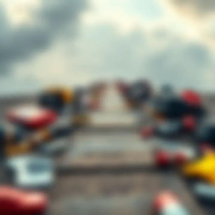 A steady path leading upward, surrounded by discarded flashy items, symbolizing the choice of consistency over temporary trends.