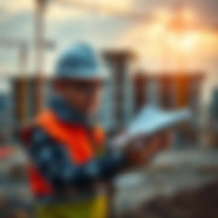 A construction worker reviewing plans on a tablet in front of a new building site, with blockchain and compliance graphics in the background.