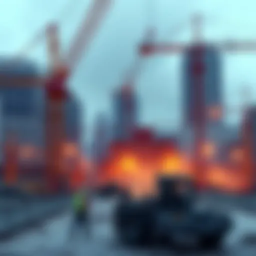 Workers developing the square with cranes and equipment