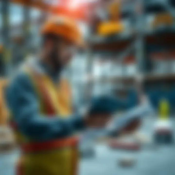 A construction worker reviewing plans on a tablet at a construction site, with digital symbols representing fast permit approvals, highlighting the impact of technology in construction.