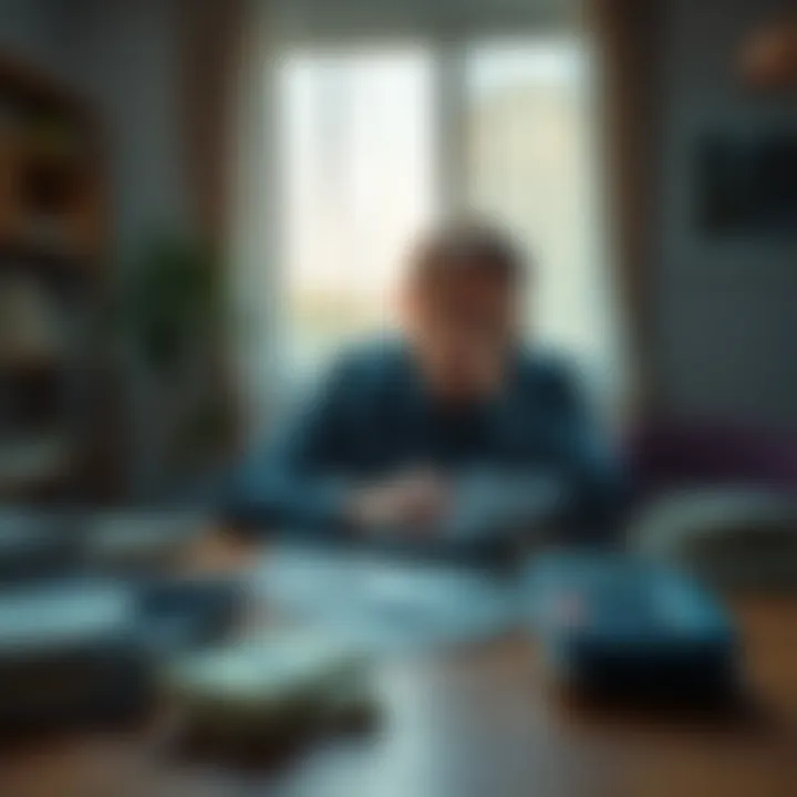 A person sits at a table with bills and a calculator, looking stressed while considering investment choices for economic freedom.