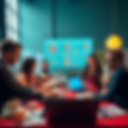 A team working on a large website redesign, discussing content management strategies with laptops and papers around them.