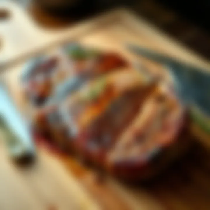 A perfectly cooked marbled New York steak on a cutting board, with a golden brown crust and juicy interior, garnished with herbs.