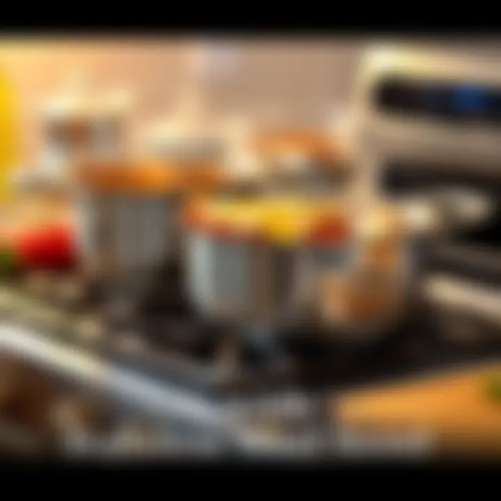 Cooking with Stainless Steel A stainless steel pot and pan on a stove with chicken parmesan being prepared.