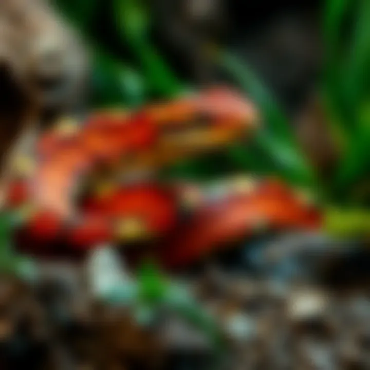 A corn snake in a habitat, showing signs of shedding skin with some stuck shed remnants.