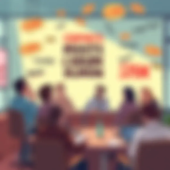 A cartoon depicting a group of people in a meeting, humorously exaggerated with buzzwords floating around, illustrating the confusion of corporate language.