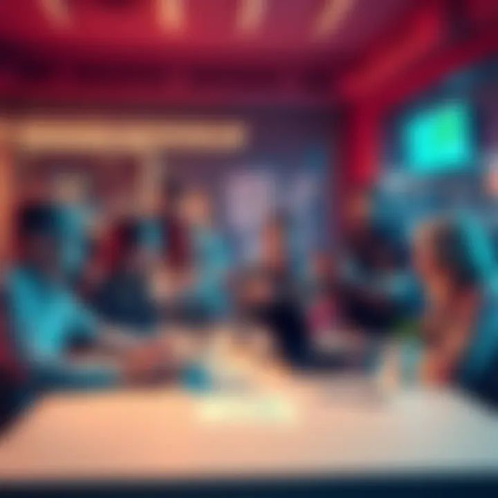 A group of people engaged in a lively discussion about Cosmos interchain projects, gathered around a table with laptops and charts, showing enthusiasm and collaboration.