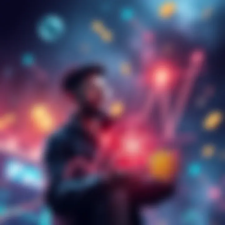 Visual representation of Cosmos (ATOM) staking reaching $600 million, showcasing a confident investor looking at a growing graph with currency symbols around.