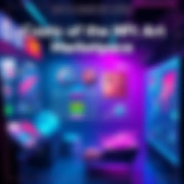 A graphic showing various fees associated with NFT art marketplaces, including transaction and listing fees, alongside digital art pieces.