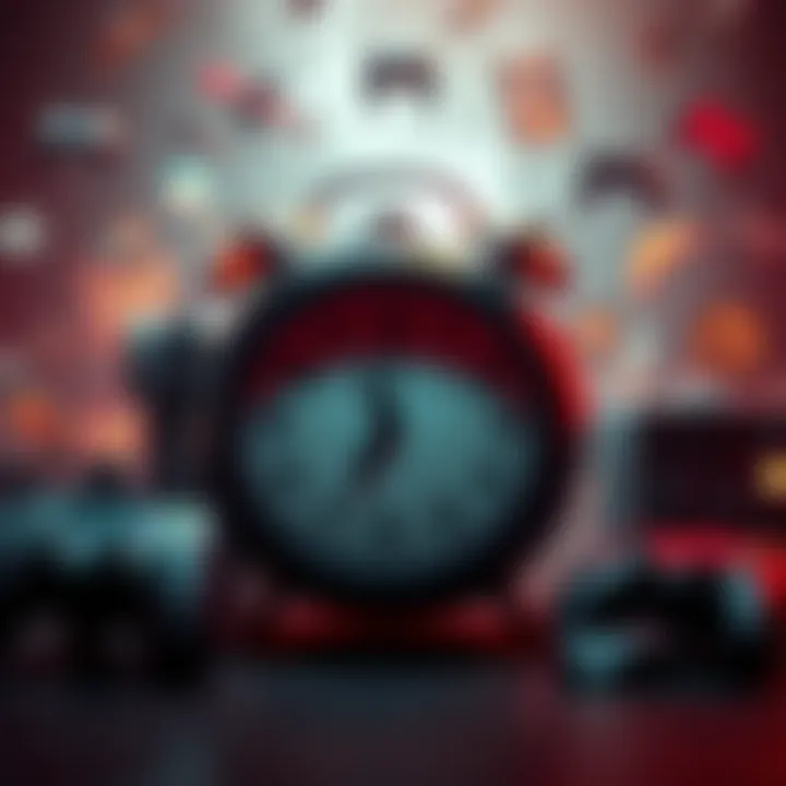 A clock counting down with gaming icons around it, symbolizing anticipation for Rockstar's upcoming game.