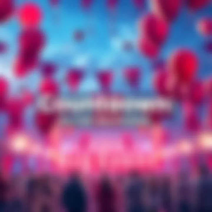 A festive scene with balloons and banners celebrating an upcoming event, showcasing people's excitement and preparations.