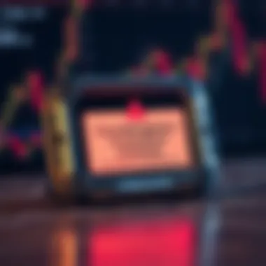 A close-up of a counterfeit Trezor hardware wallet displaying a warning message about unofficial firmware, with a blurred background of lost cryptocurrency charts.