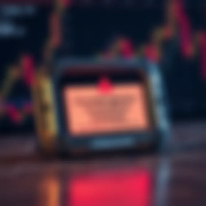 Counterfeit Trezor Device Warning A close-up of a counterfeit Trezor hardware wallet displaying a warning message about unofficial firmware, with a blurred background of lost cryptocurrency charts.