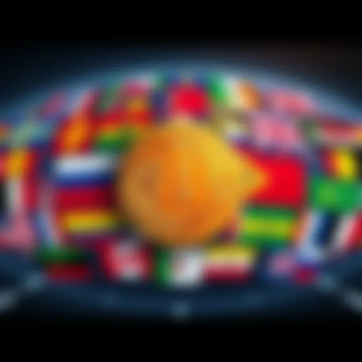 A visual representation of different countries' flags surrounding a Bitcoin symbol, symbolizing global adoption of cryptocurrency.