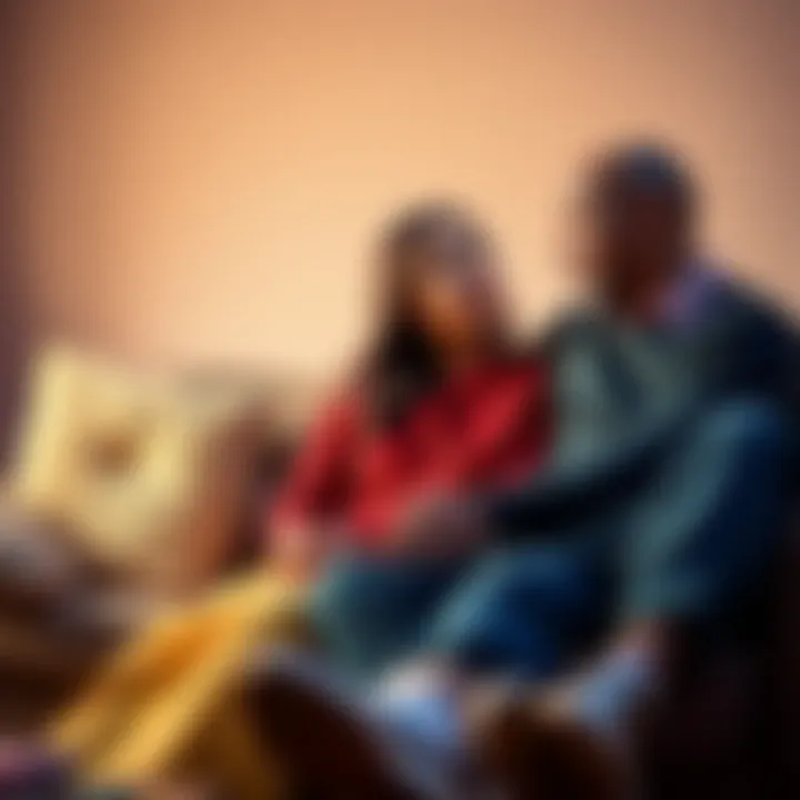 A couple sitting together on a couch, engaged in a serious conversation with expressions of concern and understanding.