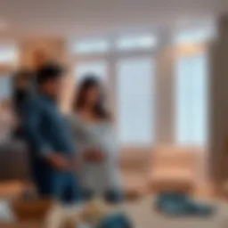 A pregnant woman and her partner talking about installing plantation shutters in their home, surrounded by renovation materials and baby items.