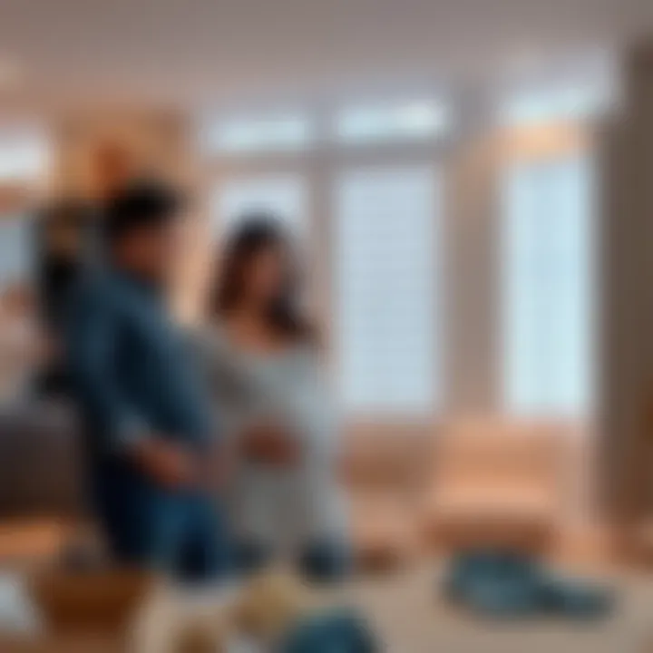 Couple discussing plantation shutters A pregnant woman and her partner talking about installing plantation shutters in their home, surrounded by renovation materials and baby items.