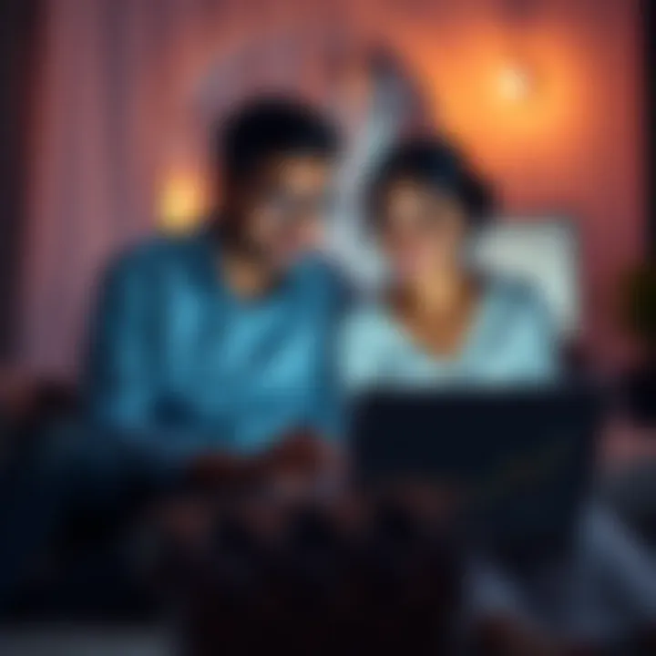 A couple sitting together, looking at a laptop with Bitcoin charts on the screen, instead of wedding plans.