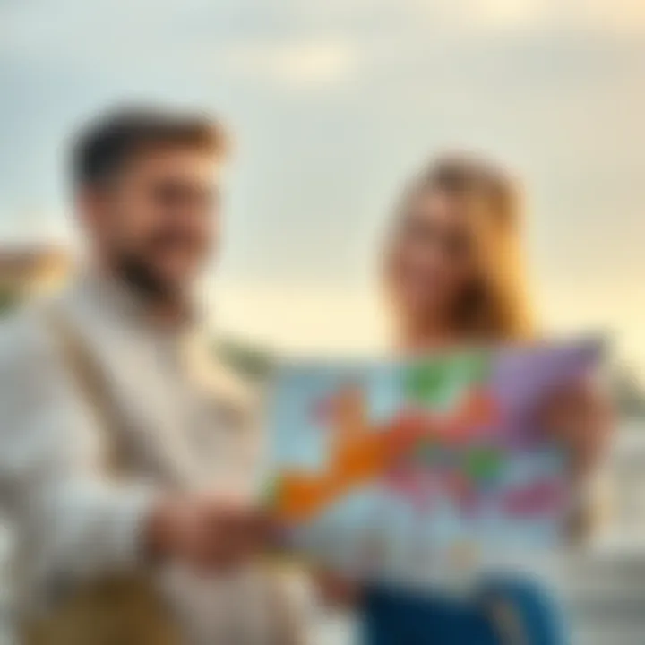 Couple planning a European vacation Man and woman looking at a map and discussing travel plans for Europe, with excitement and smiles on their faces