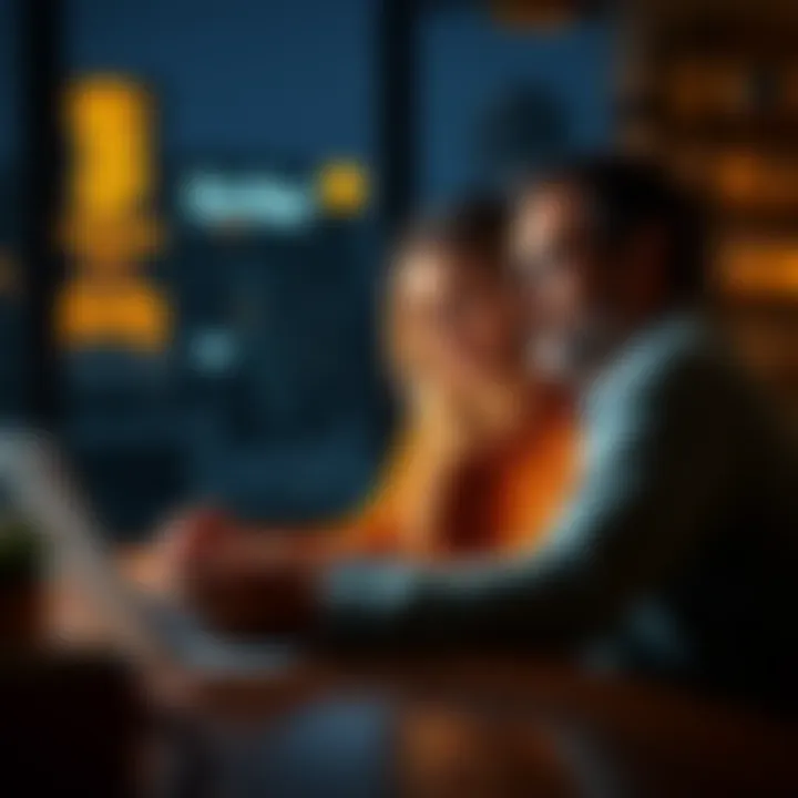 A couple sitting at a table, looking at a laptop showing Strike's bill pay system with Bitcoin options.