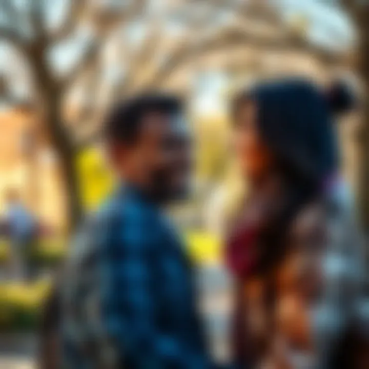 A happy couple sharing a moment during an unexpected meeting, surrounded by a sunny park setting