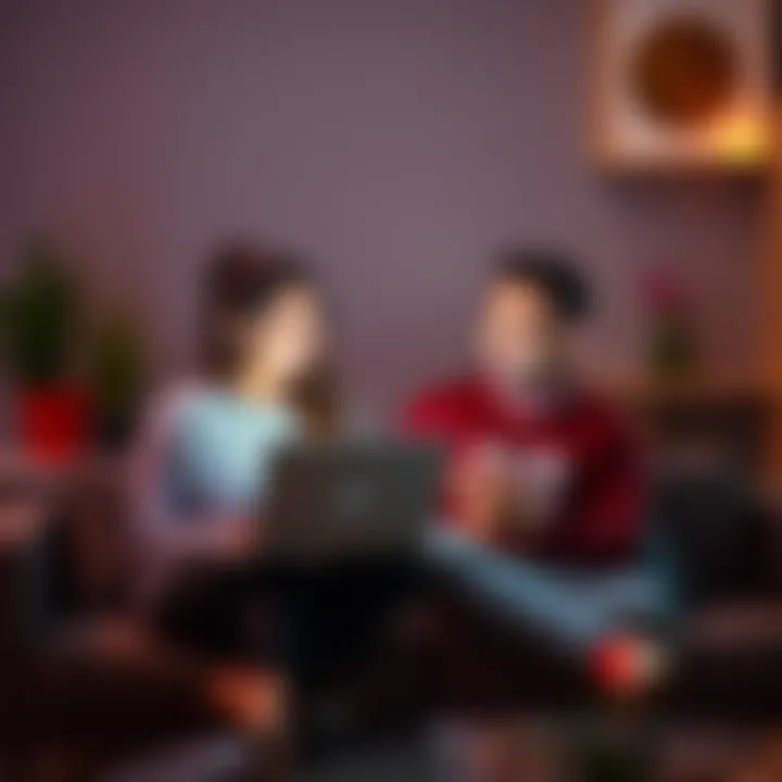 A couple sitting on a couch with laptops, the girlfriend playfully teasing her partner about his crypto trading skills, laughter in the air.