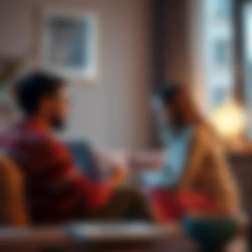 A man and woman focused on a laptop screen, discussing a crypto trading app in their living room, with charts and graphs visible on the screen.