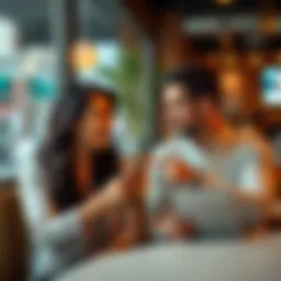 A man and a woman sitting together at a cafe, talking and smiling while one points at a phone with music playing, showing their connection over a song.