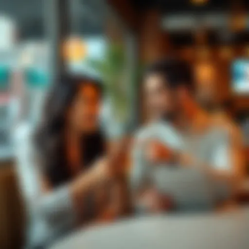 A man and a woman sitting together at a cafe, talking and smiling while one points at a phone with music playing, showing their connection over a song.
