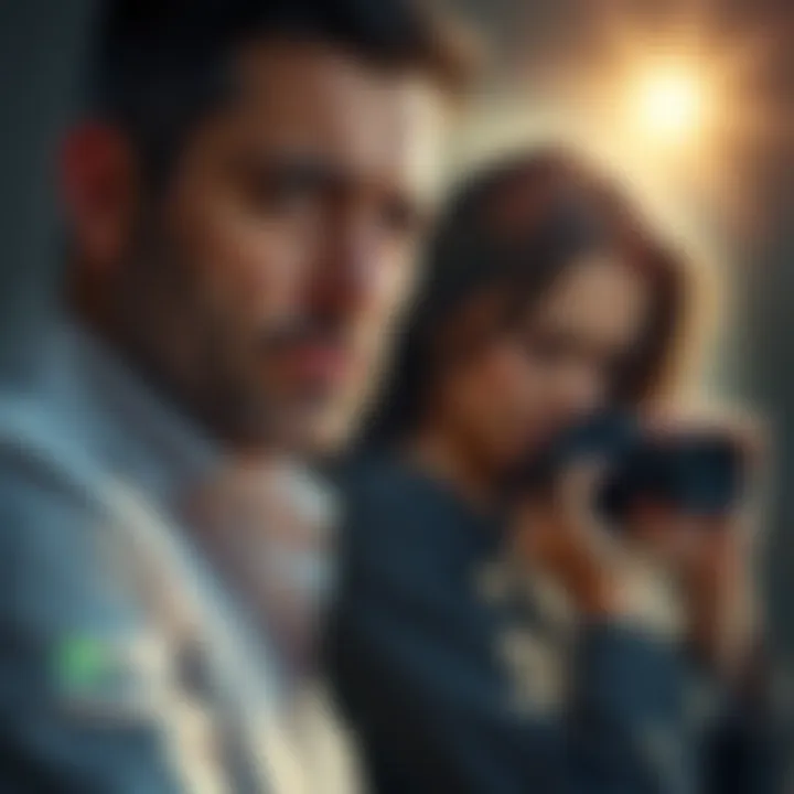 A man looks distressed while a woman hides a camera behind her, symbolizing betrayal during divorce talks over Bitcoin savings.