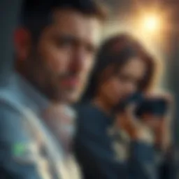 Couple in dispute over Bitcoin theft A man looks distressed while a woman hides a camera behind her, symbolizing betrayal during divorce talks over Bitcoin savings.