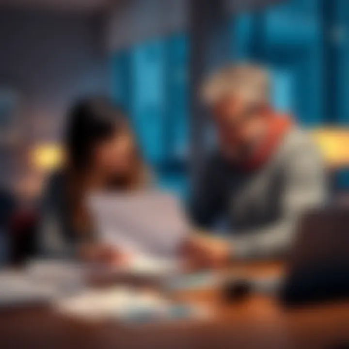 A couple sitting at a table with documents and a laptop, discussing their joint account insurance coverage.