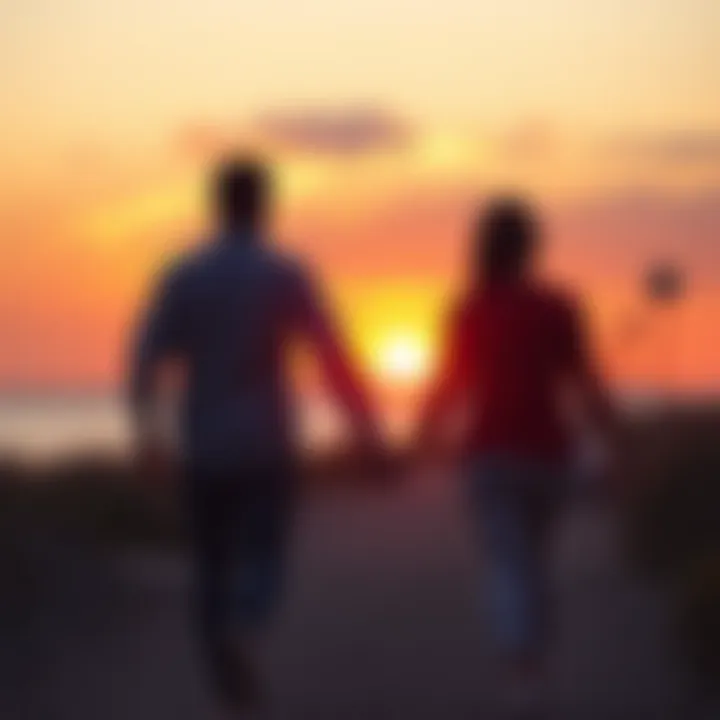 A couple walks hand in hand during a vibrant sunset, symbolizing love and connection during difficult times.