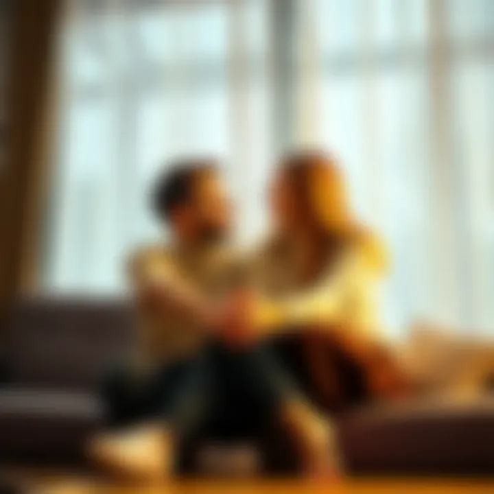 A couple sitting together, holding hands and smiling at each other in a cozy setting, symbolizing love and connection.