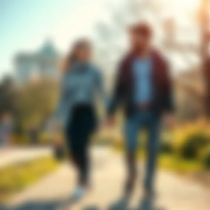 A loving couple walking hand in hand in a sunny park, sharing smiles and enjoying each other's company.